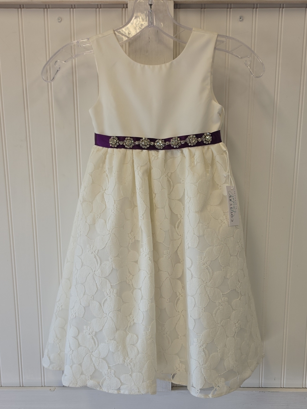 Rosebuds NWT Ivory White Satin Lace Jeweled Purple Ribbon Belt Dress Size 4